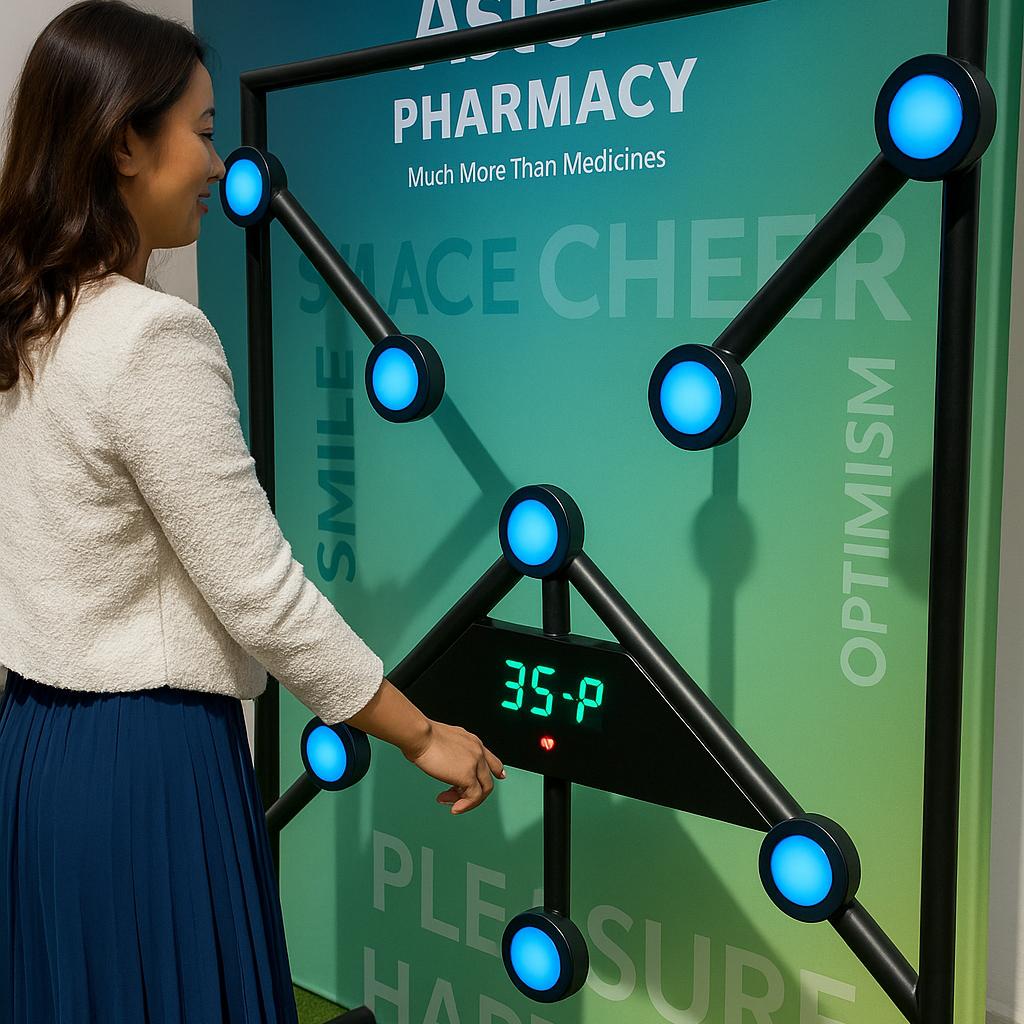 Woman playing Batak reaction game at a fitness event in Dubai, touching illuminated buttons to test her speed and reflexes. "Speedy Speedy" displayed on wall.